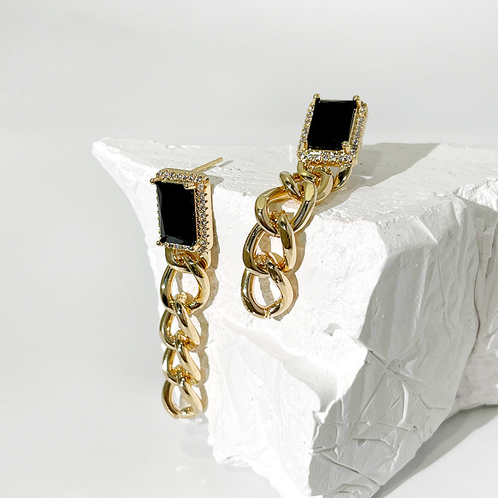 Long Vintage Simple Exaggerated Gemstone Chain Earrings