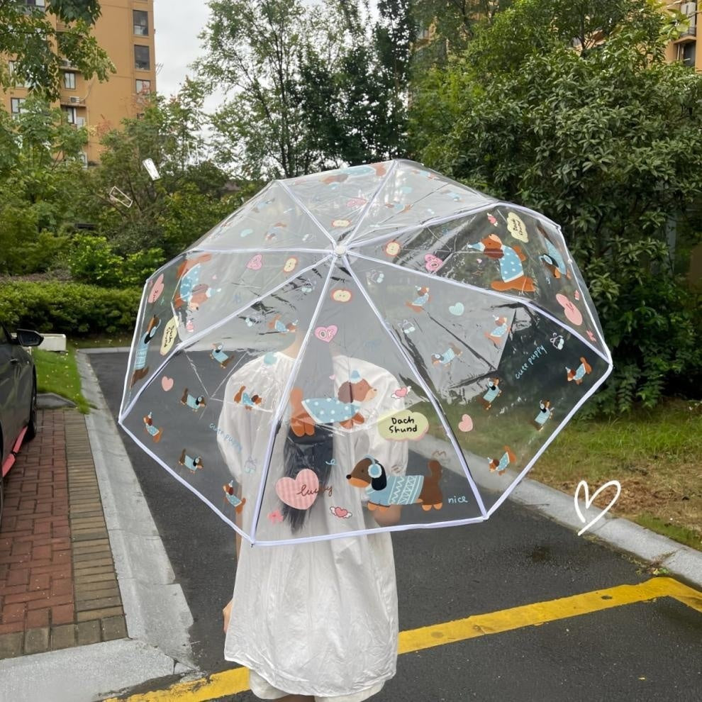 Mignon dessin animé, parapluie pliant en trois, avec manche épais