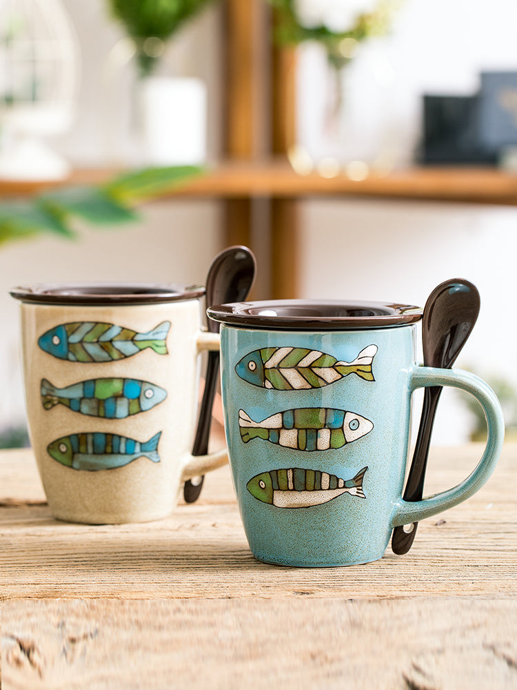 Tasse à eau en céramique motif poisson créatif tasse à café avec couvercle et cuillère