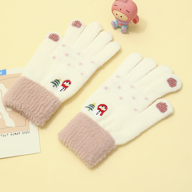 Padded And Thickened Warm Snowman Embroidered Touch Screen Gloves