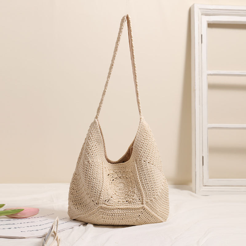 Large Capacity Cotton Braided Grandma Plaid Straw Woven Vacation Beach Versatile Women's Bag