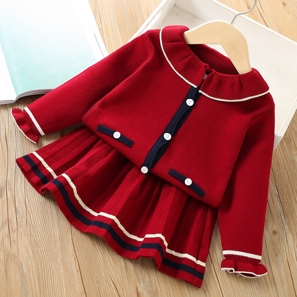 Children's Suit Korean Style Solid Color Knitted Cardigan Two-piece Suit Skirt