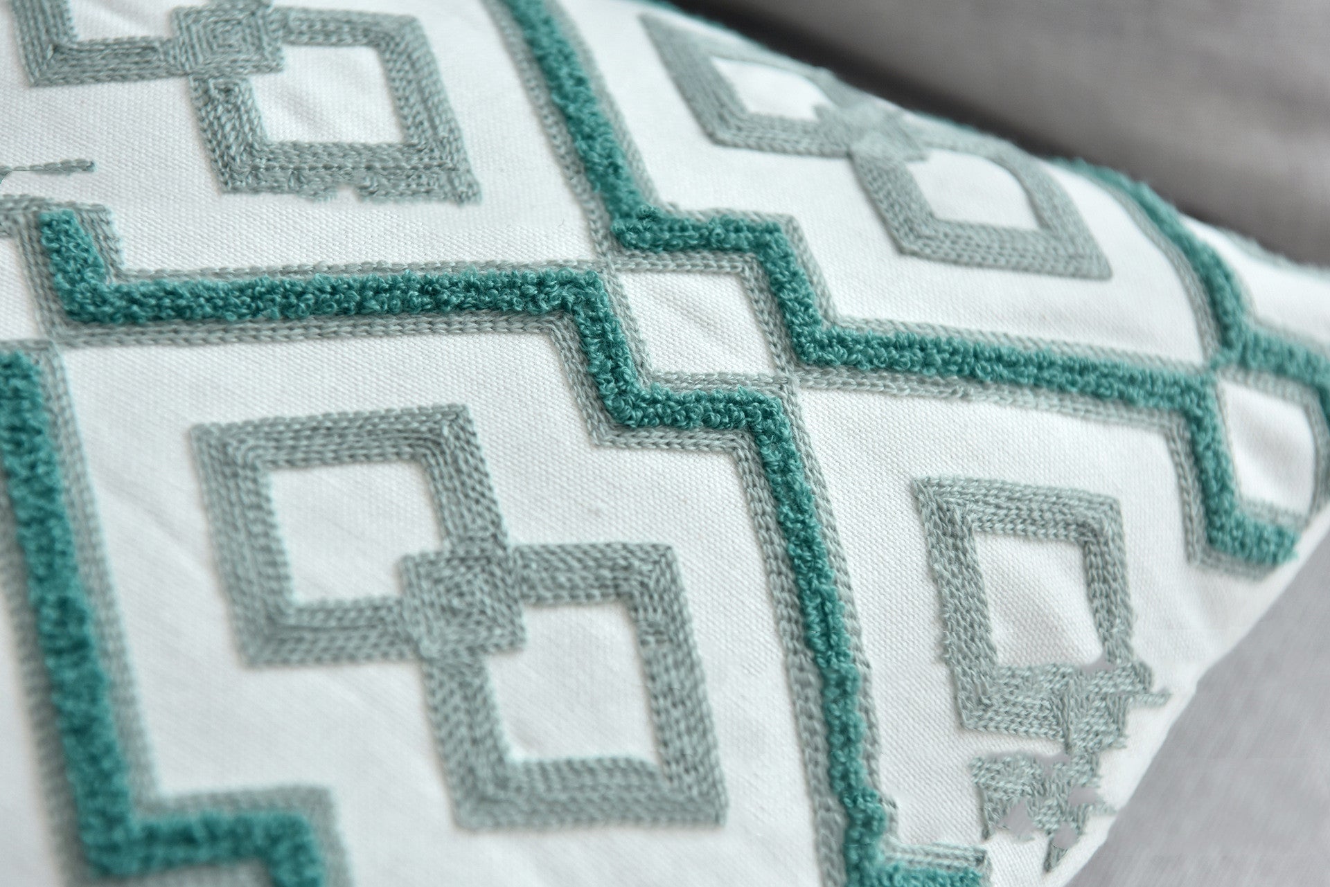 Lake Water Green Color Cotton Canvas Embroidery Geometric Wool Embroidery Sofa Pillow Cases