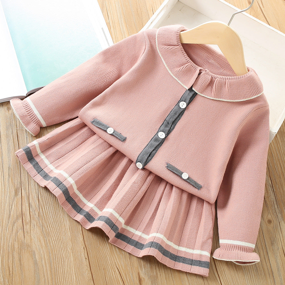 Children's Suit Korean Style Solid Color Knitted Cardigan Two-piece Suit Skirt