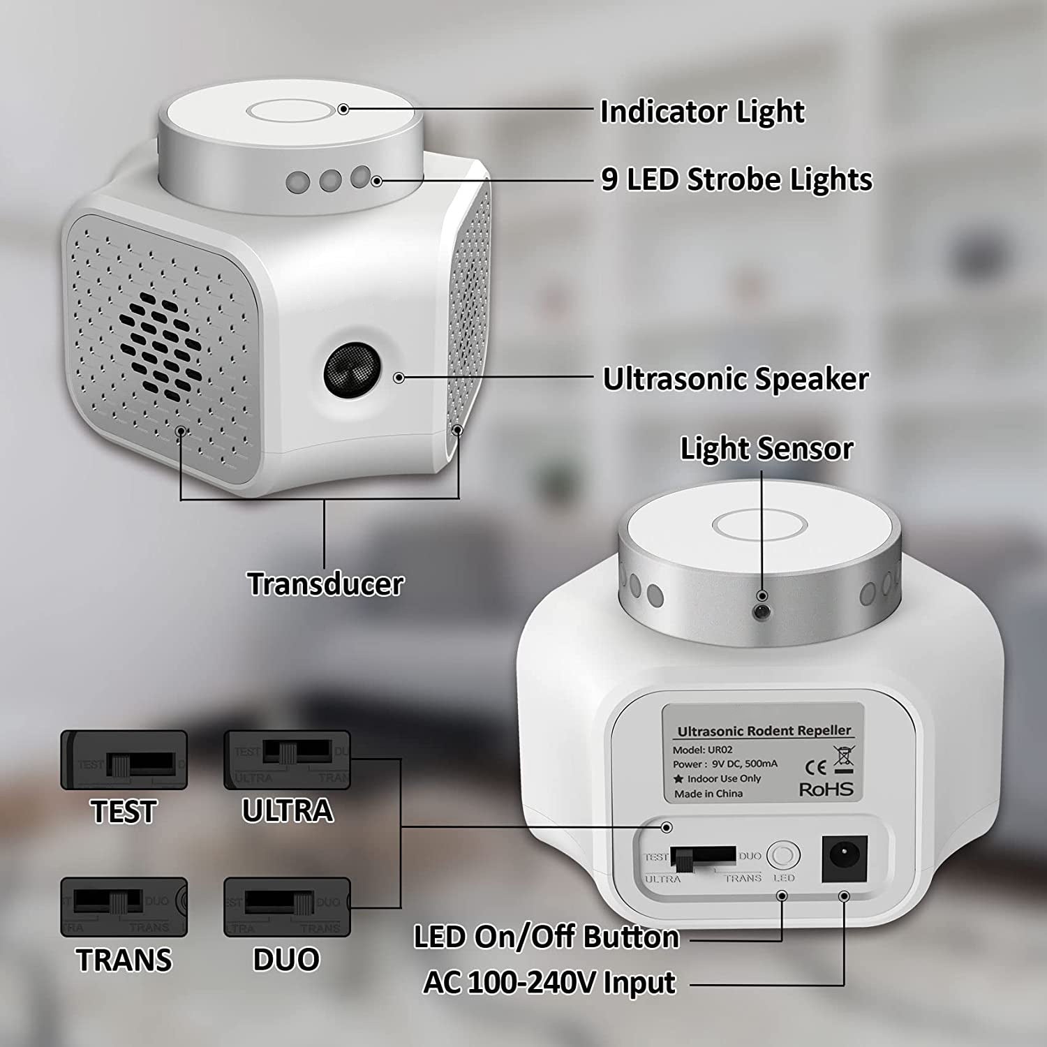 360 Degrees Animal Repeller Multi-function Double Horn Frequency Conversion Ultrasonic Mouse Expeller
