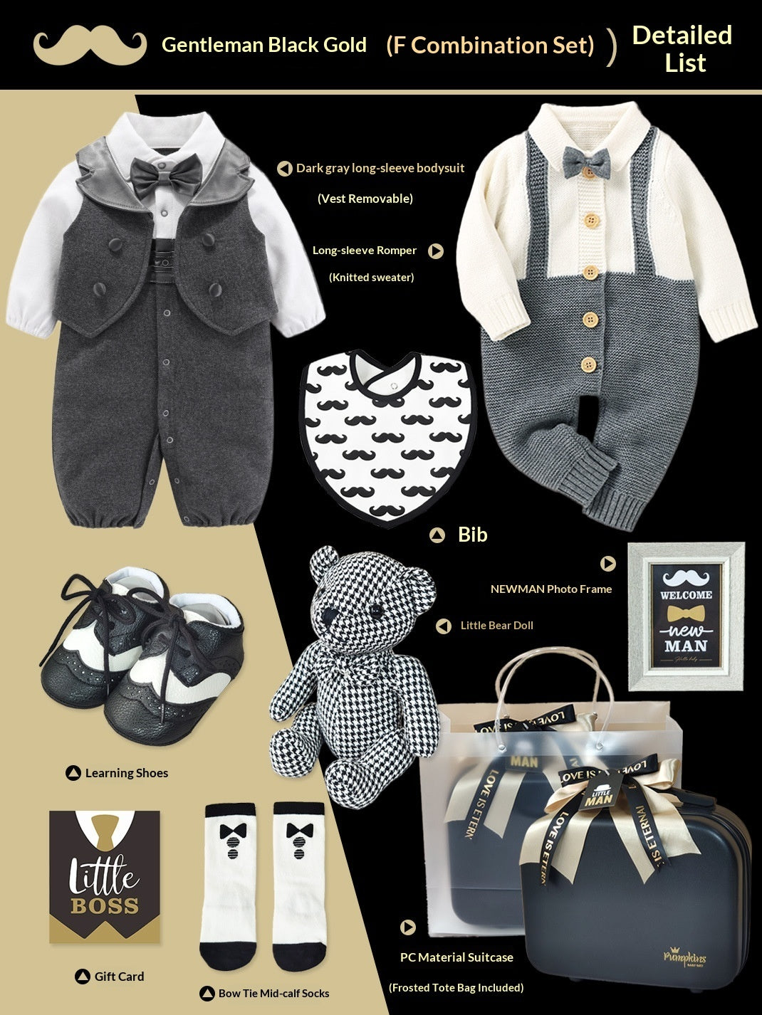 Coffret cadeau haut de gamme pour bébé – Ensemble petit gentleman noir et or