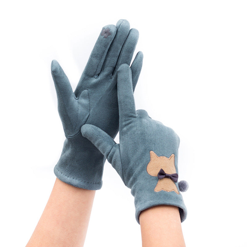 Autumn And Winter Embroidered Cat Touch Screen Gloves Suede Thickened Fleece-lined Riding Warm Gloves
