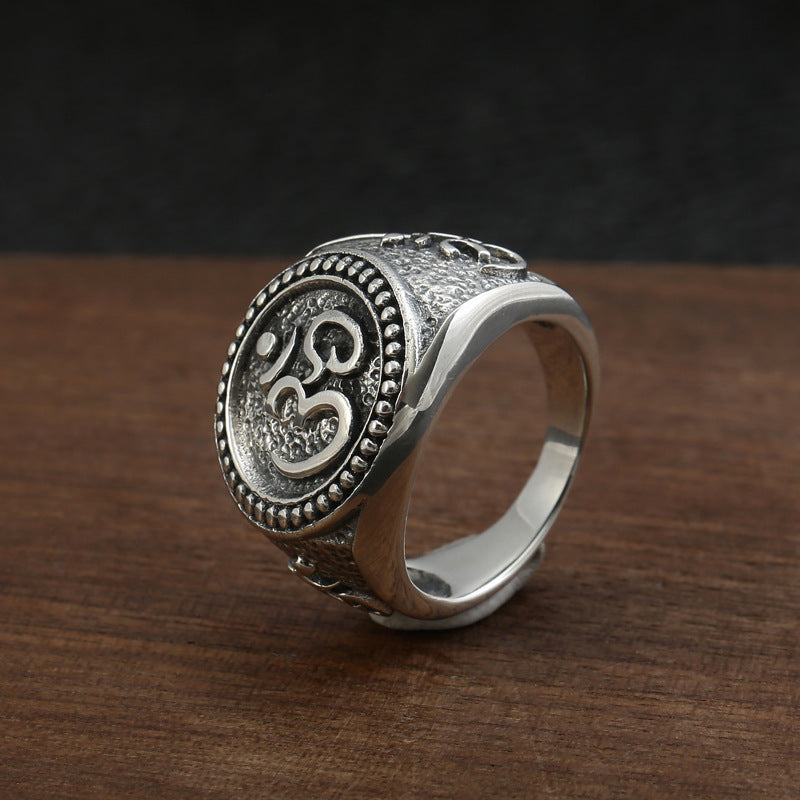 S925 Sterling Silver Ring Vintage Old Sanskrit Closed