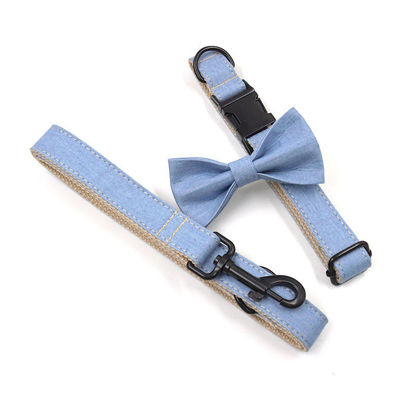 Buckle Lettering Deep Denim Pet Collar Dog Leash Dog Bow Set