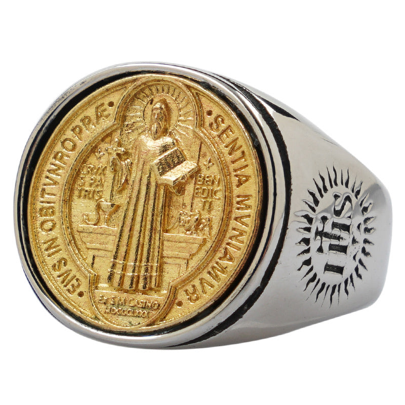 Christian Order Of St. Benedict In Titanium And Bronze Ring