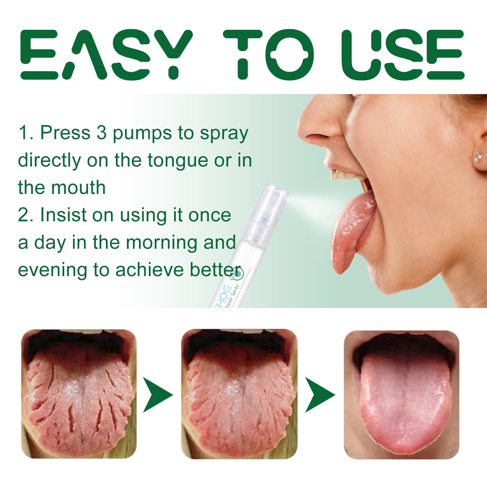 Vaporisateur pour les soins buccaux : Traite l'enduit lingual, blanchit la langue, soulage les crevasses et les gonflements de la langue.