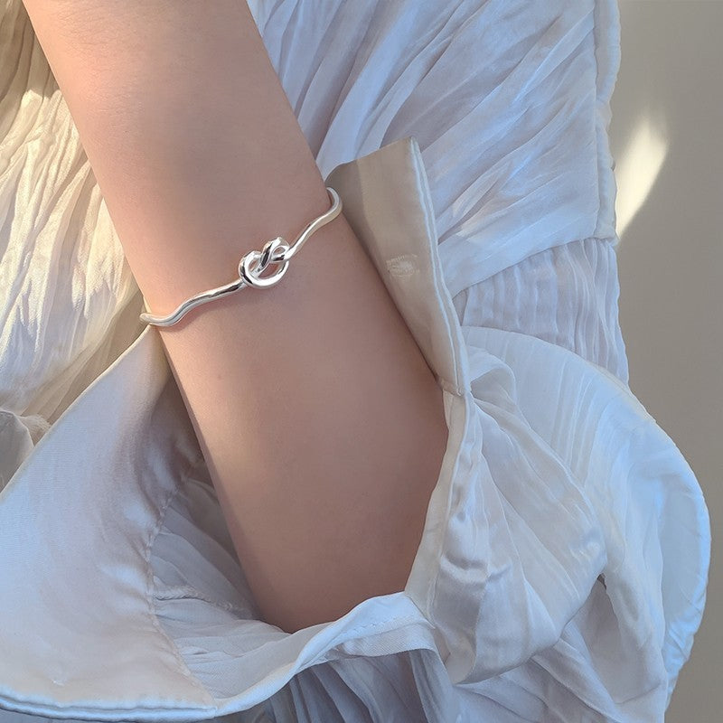 Knotted Heart-shaped Wave Open Silver Bracelet For Women