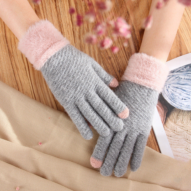 Touch Screen Gloves Female Winter Warm Thickened Knitting Cute Wool Mink-like Velvet Five Finger Gloves