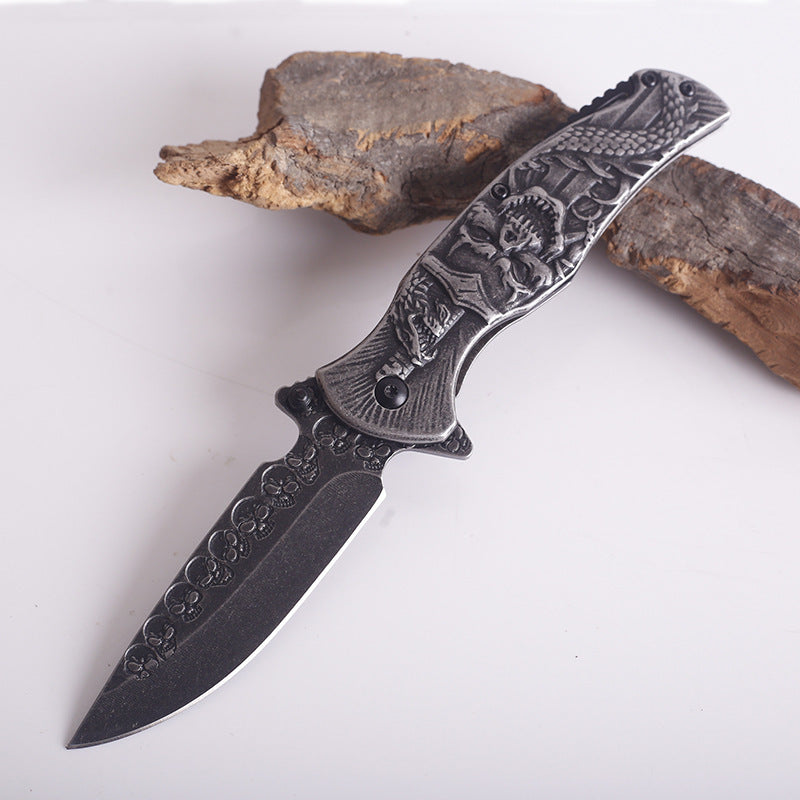 Handmade Steel Handle Embossed High Hardness Folding Outdoor Knife