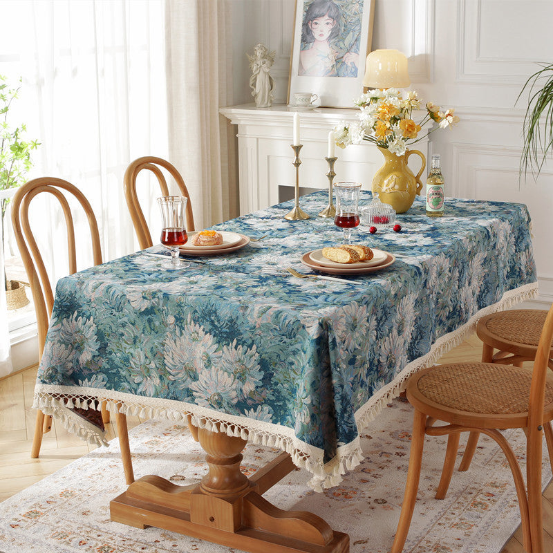 Terylene Jacquard Oil Painting Blue Tassel Rectangular End Table Tablecloth