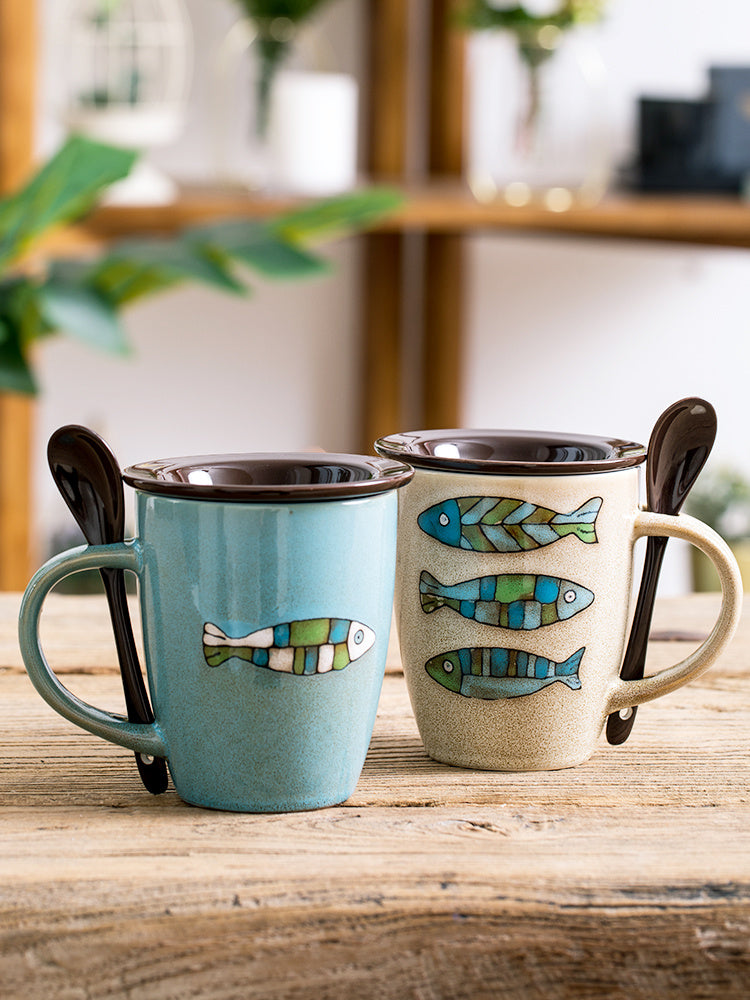 Tasse à eau en céramique motif poisson créatif tasse à café avec couvercle et cuillère