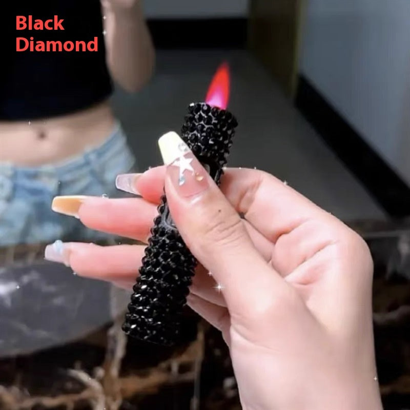 Rhinestone Cylinder Press Flame Windproof Gas Lighters
