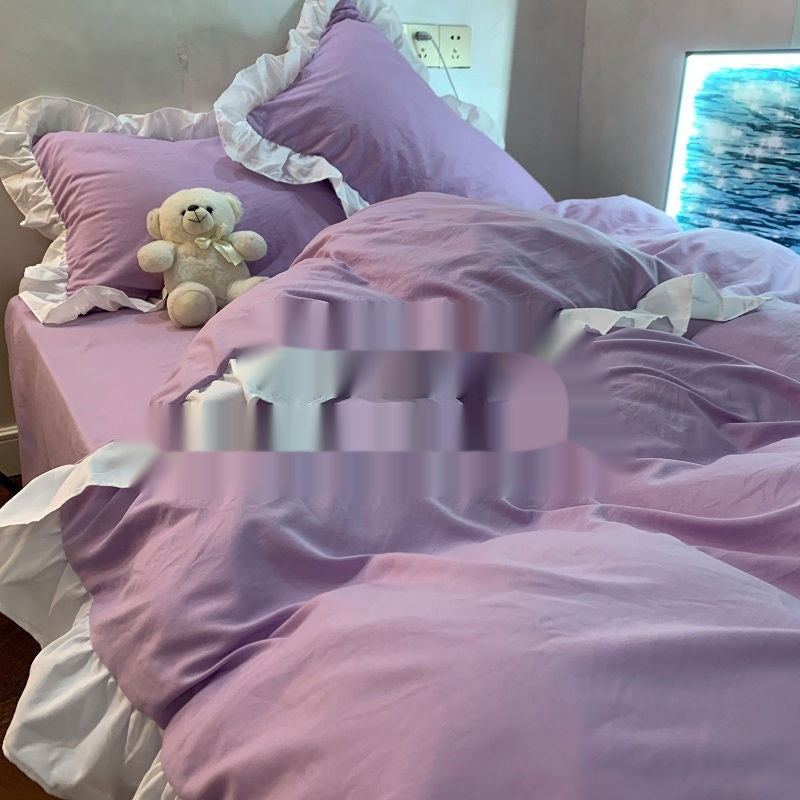 Quilt Cover Washed Cotton Four-piece Set Mori Style Bedding Solid Color Bed Sheet