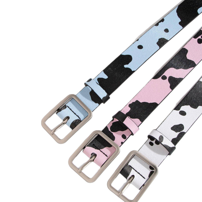 Black And White Cows Pattern Horsehair Lady Wig Fashion PU Belt