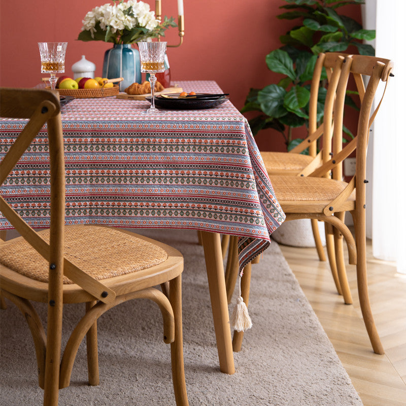 Bohemian Polyester And Cotton Color Woven Floral Striped Tablecloth
