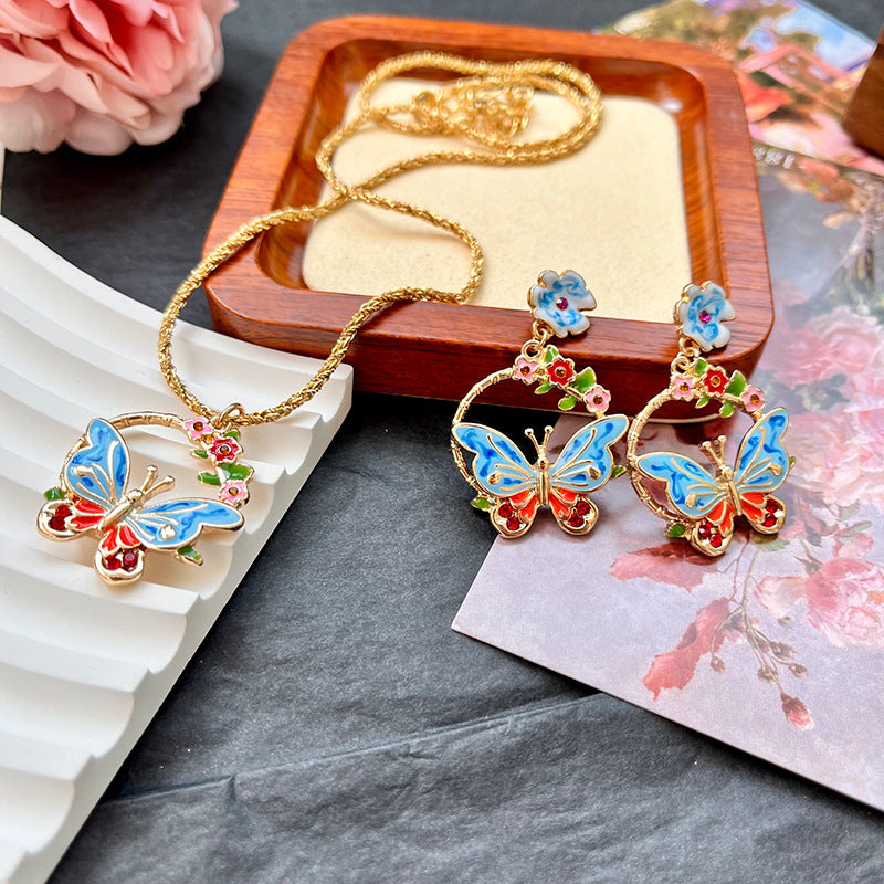 Vintage Butterfly Dripping Stud Earrings Necklace Suit Color Ornament