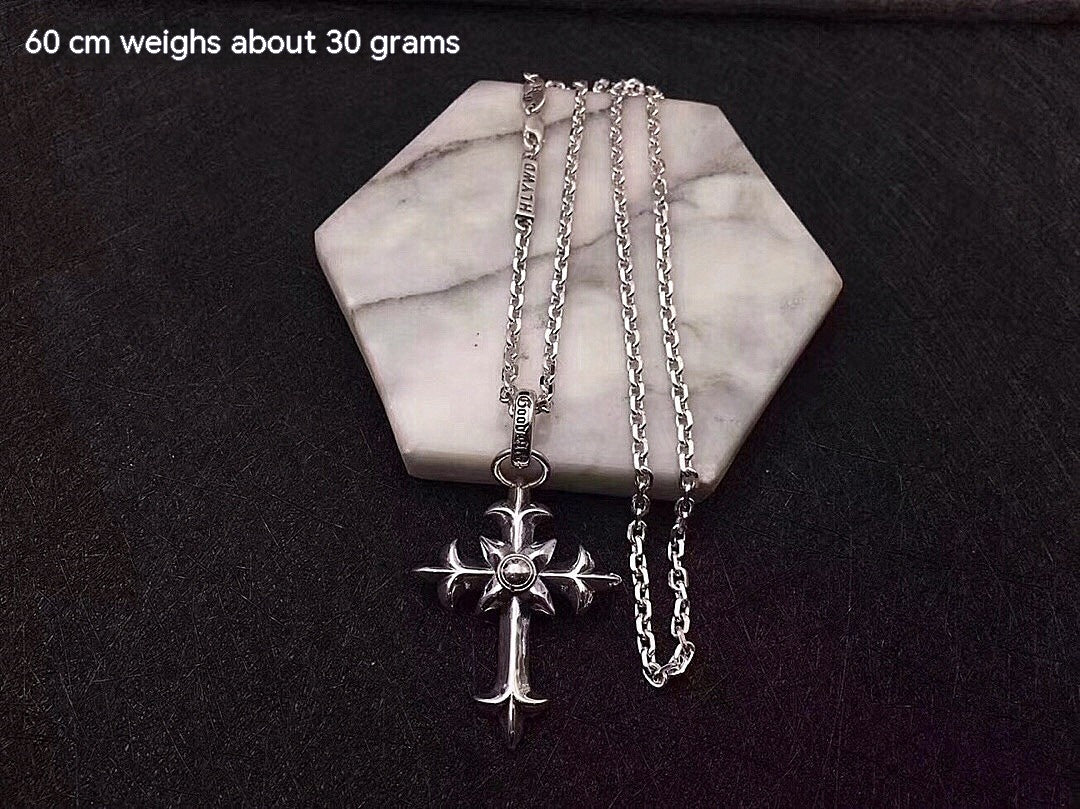 Chaîne de chandail argentée, style européen et américain, hip-hop de rue, pendentif croix personnalisé pour hommes, ensemble de chaînes rétro en argent thaïlandais