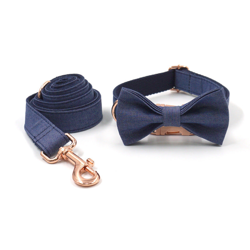 Rose Gold Buckle Lettering Deep Denim Pet Collar Dog Leash Dog Bow Set
