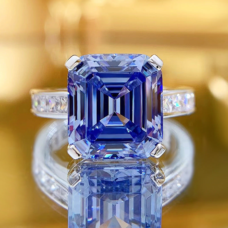 Bague en argent S925, strass gris-bleu à haute teneur en carbone