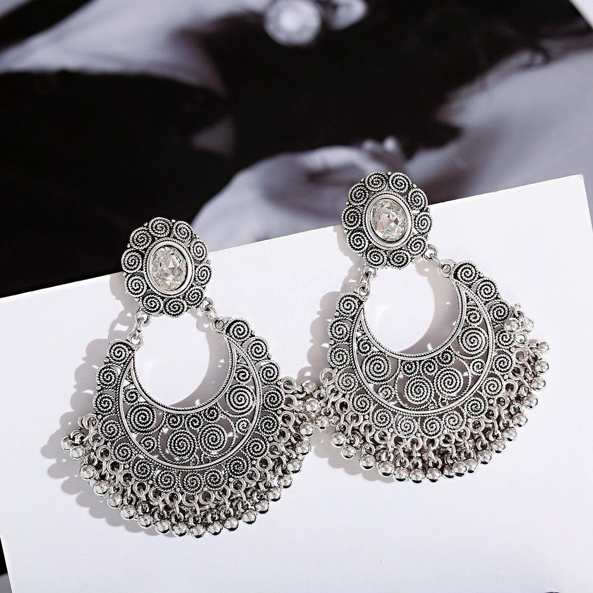 Fan-shaped Retro Ethnic Style Earrings Tassel Hollow
