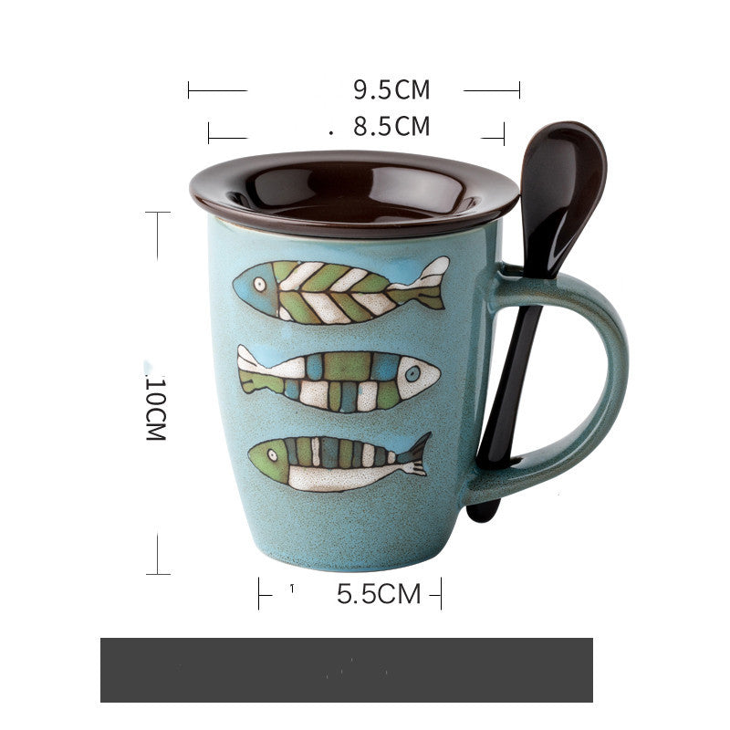Tasse à eau en céramique motif poisson créatif tasse à café avec couvercle et cuillère