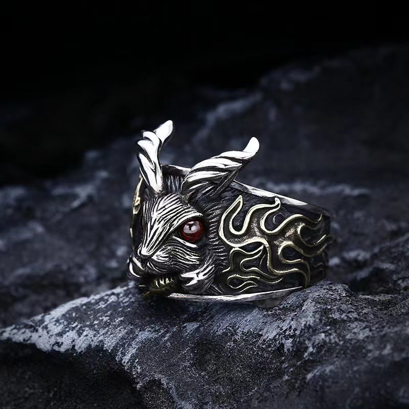 S925 Sterling Silver Punk Style Dark Rabbit Ring Male