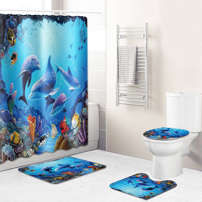 Bathroom Shower Curtain Floor Mat Suit Ocean World Printing