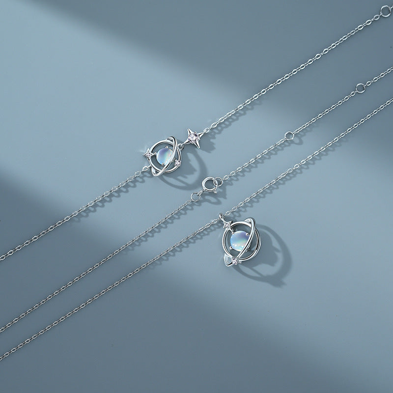 Sterling Silver Moonstone Planet Necklace Female Simple Temperament Asteroid Clavicle Chain