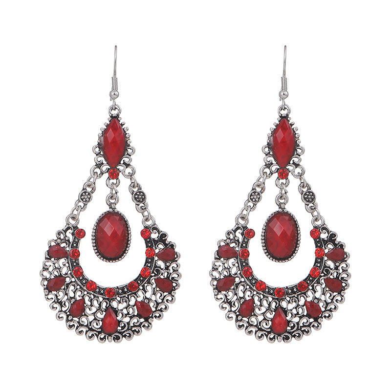 Water Droplets, Black Large Fan-shaped Rhinestone Earrings