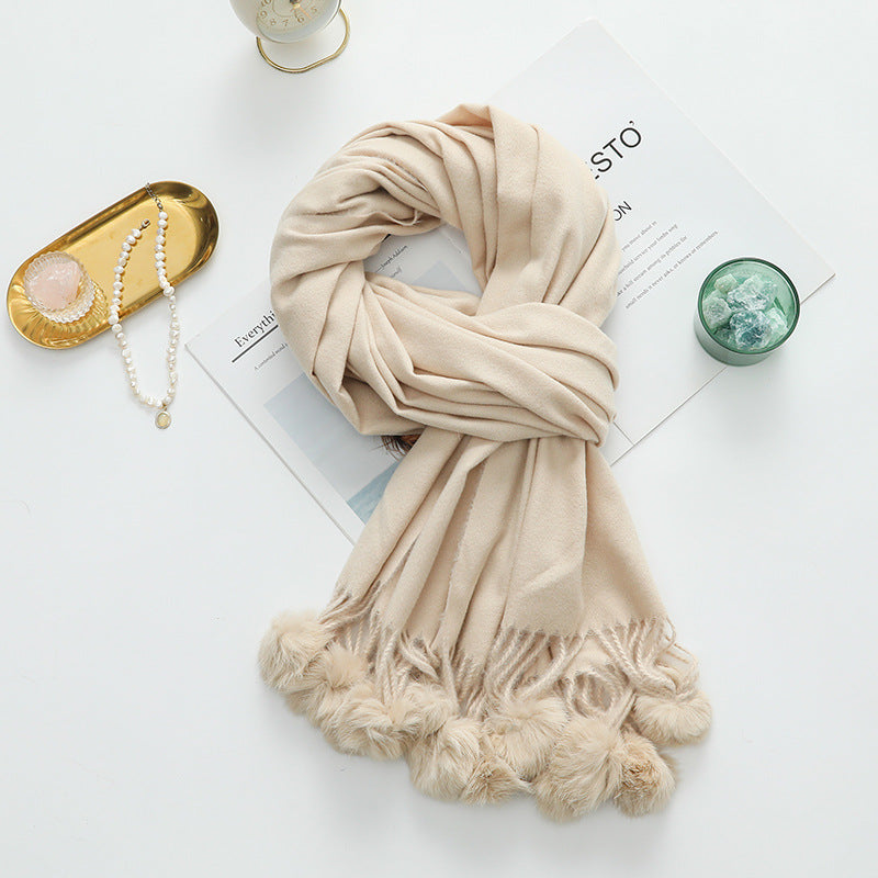 Versatile New-Style Womens Cape With Pompoms Cashmere And Wool Scarf