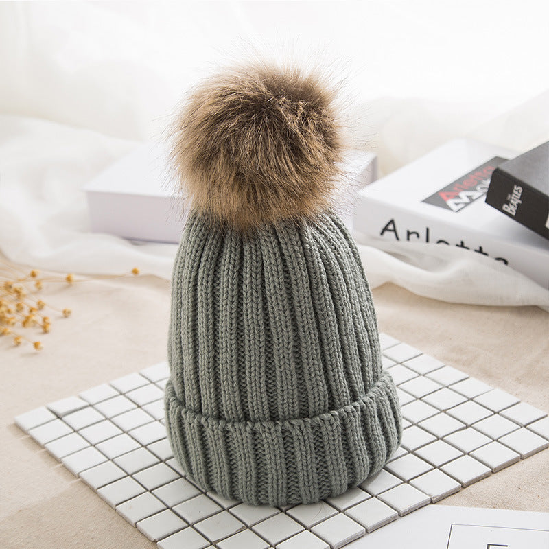 Thick Knit Hat Imitating Raccoon Fur Ball Warm Cap