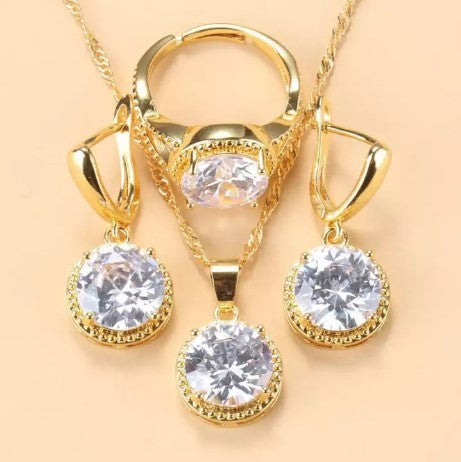 New Earrings Ring Necklace Three-piece Jewelry Set Round Zircon