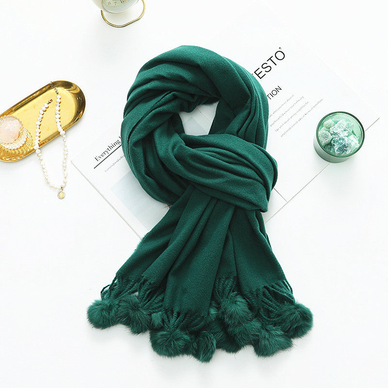 Versatile New-Style Womens Cape With Pompoms Cashmere And Wool Scarf