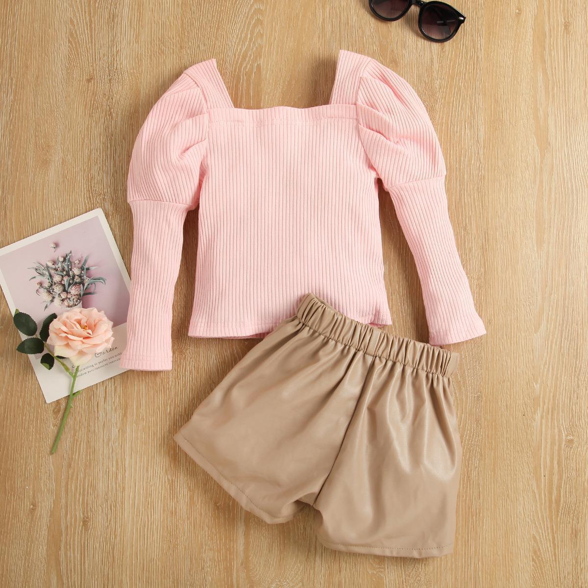 Girls' Bubble Long Sleeve Cotton Sunken Stripe Top Light Coffee Color Leather Pants Suit