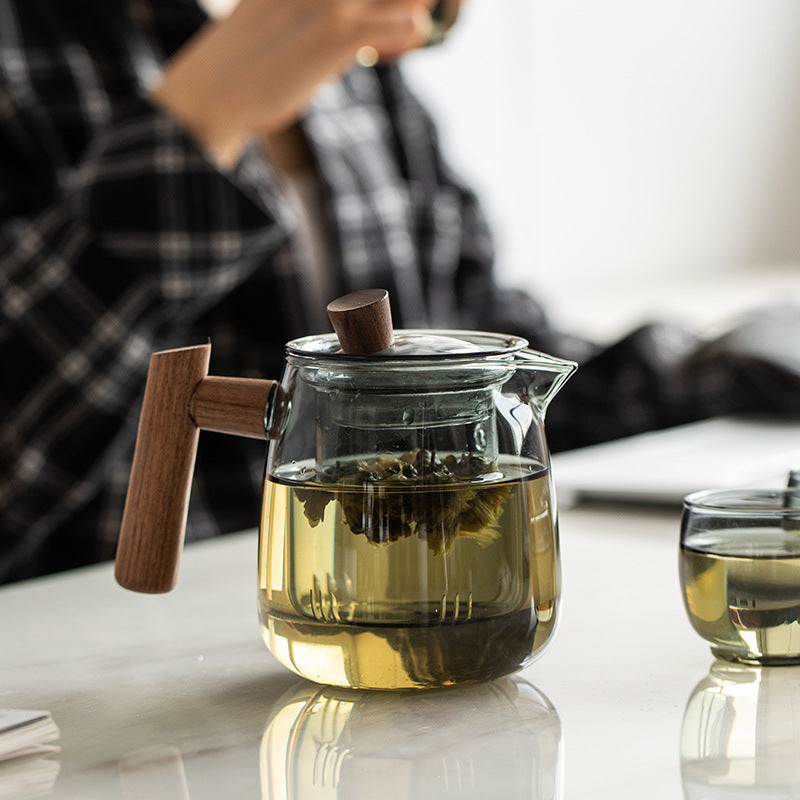 Théière en verre avec séparateur d'eau et poignée en bois de style chinois