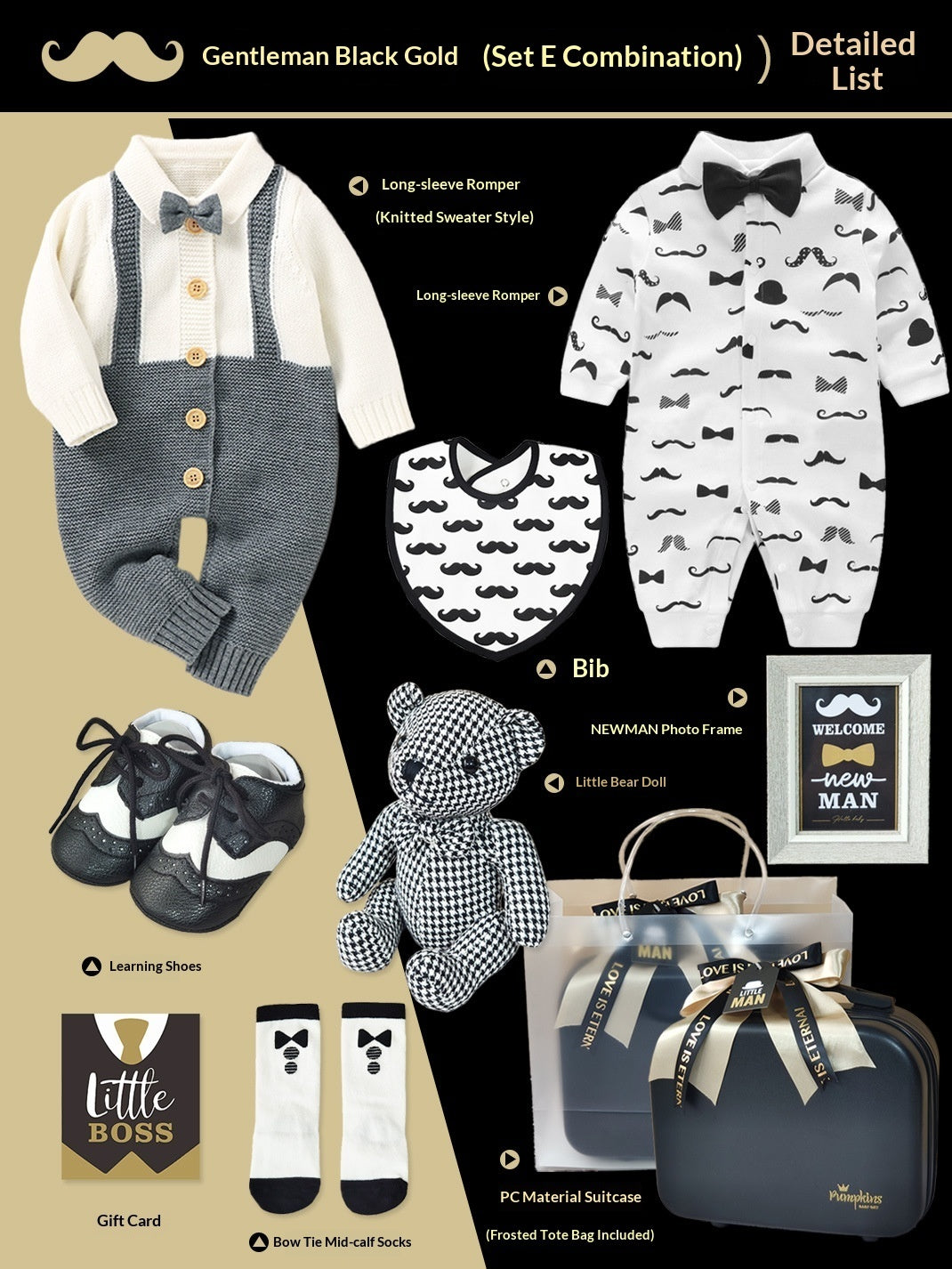 Coffret cadeau haut de gamme pour bébé – Ensemble petit gentleman noir et or