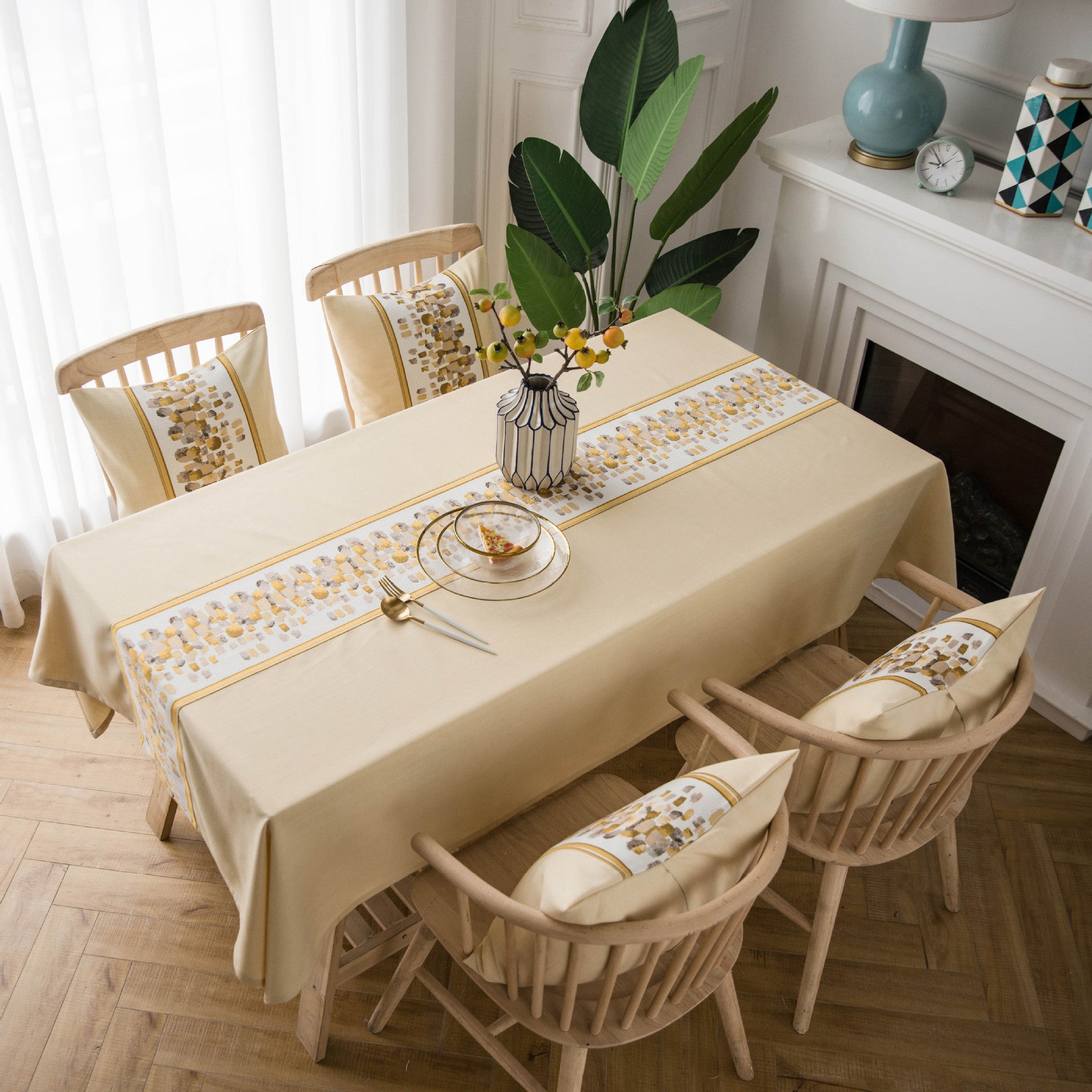 Rustic Blue Embroidered Cotton Faux Linen Tablecloth