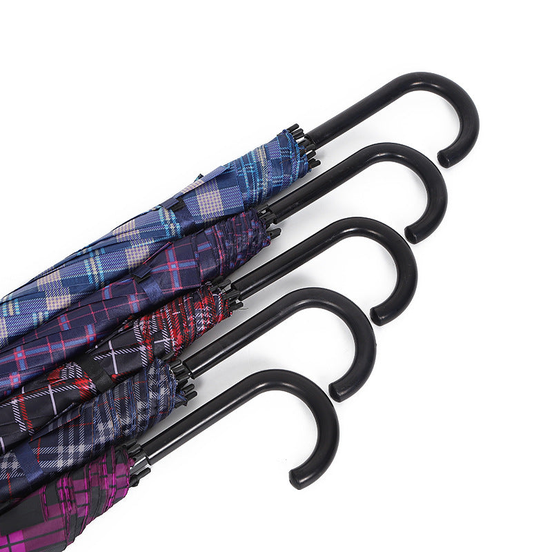 Classic Straight Handle Checkered Umbrella Business Striped Long Handle Sunny Umbrella Curved Handle