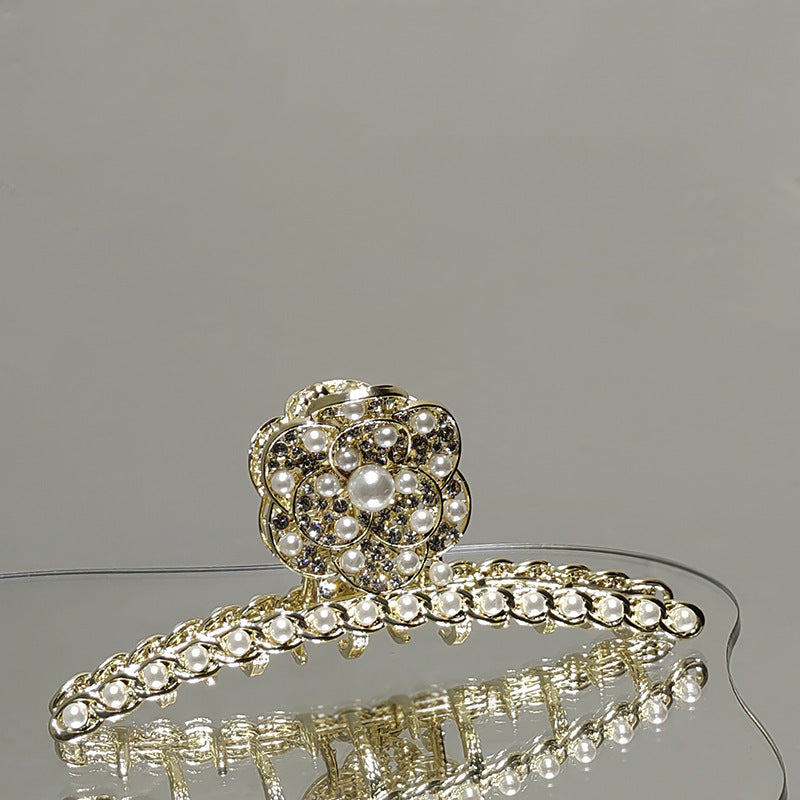 Metal Pearl And Diamond Camellia Shark Clip