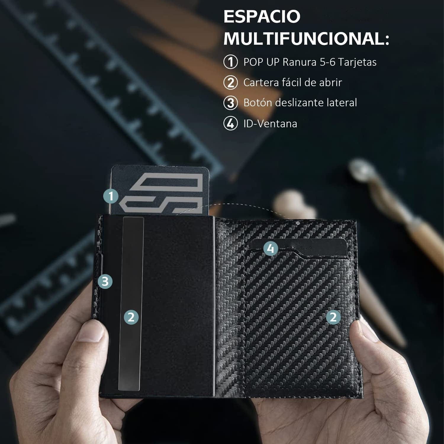Portefeuille porte-cartes triple, en fibre de carbone, grande capacité, automatique, en aluminium, anti-vol, avec plusieurs fentes pour cartes