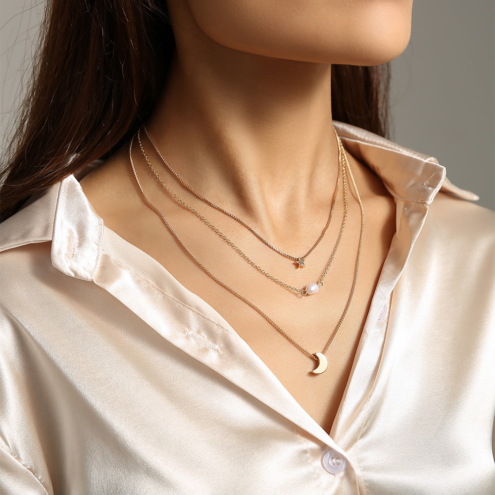 Étoiles, Lune, eau naturelle, perles, colliers multiples