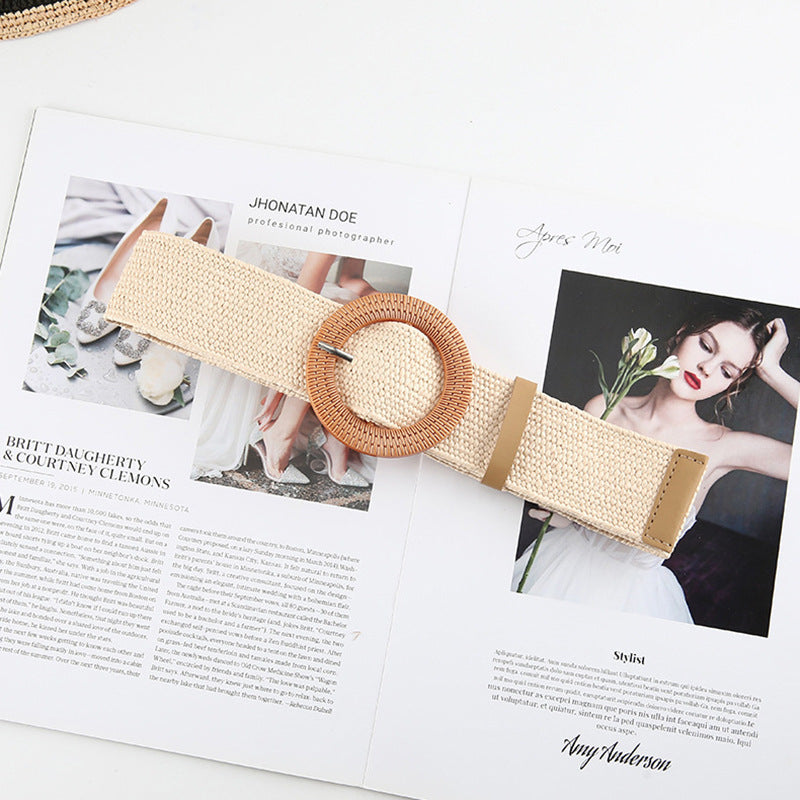 Ceinture en paille tressée en coton et lin pour femme