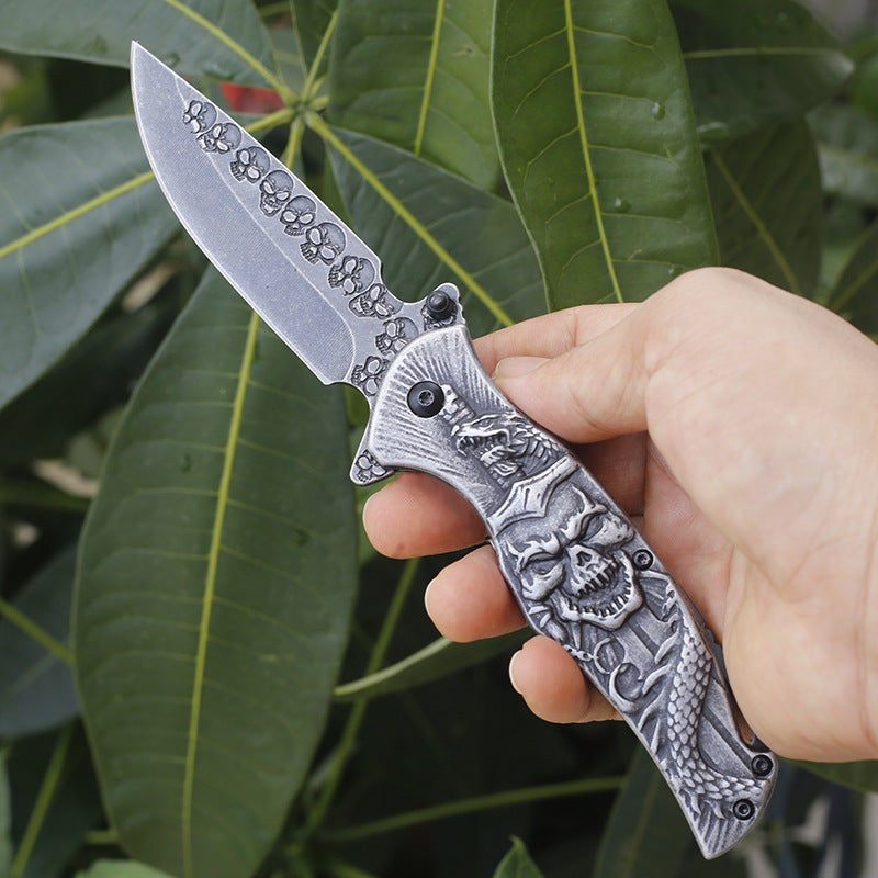 Handmade Steel Handle Embossed High Hardness Folding Outdoor Knife