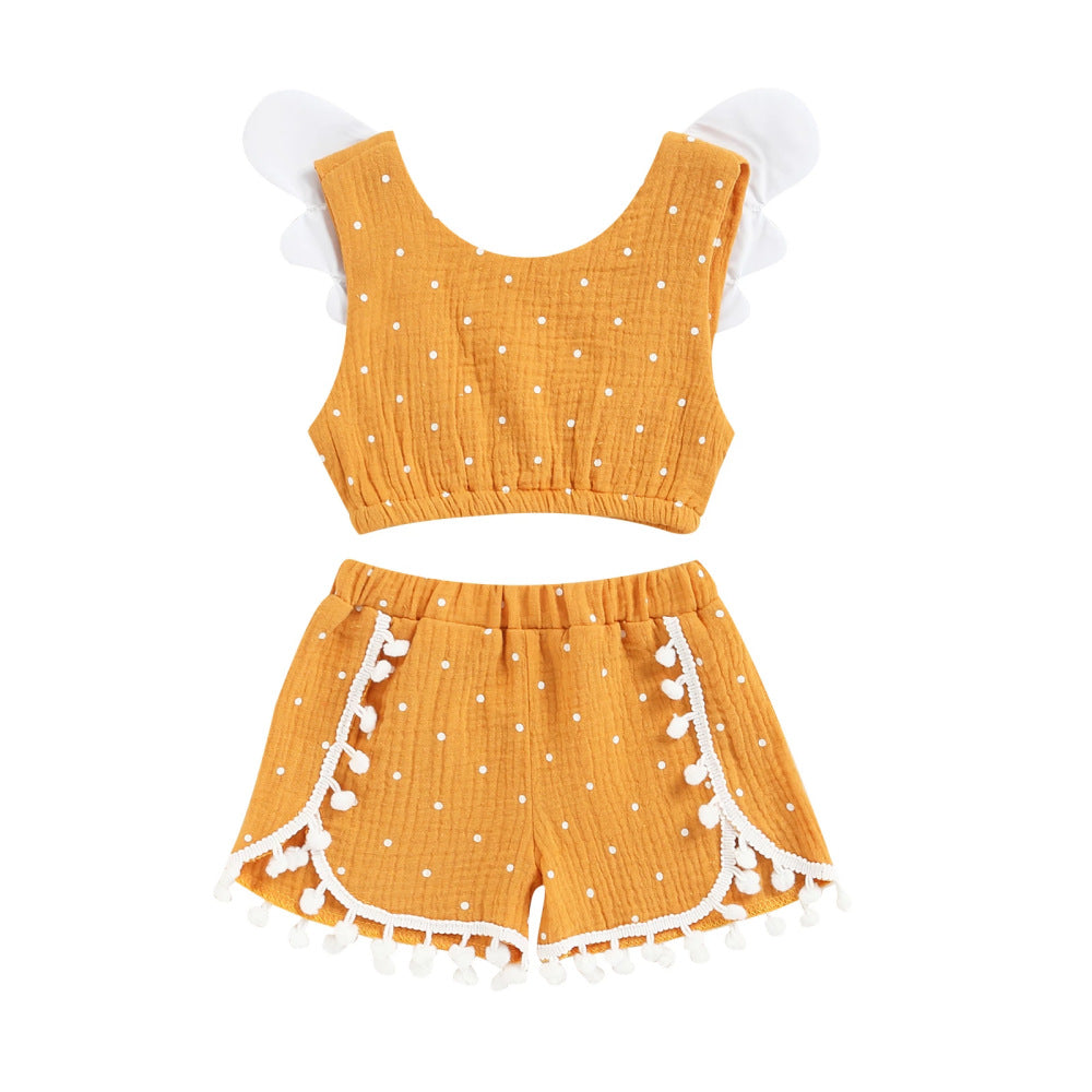 Girls Baby Cotton Linen Polka Dot Vest Shorts Suit European And American Style Children's Clothing