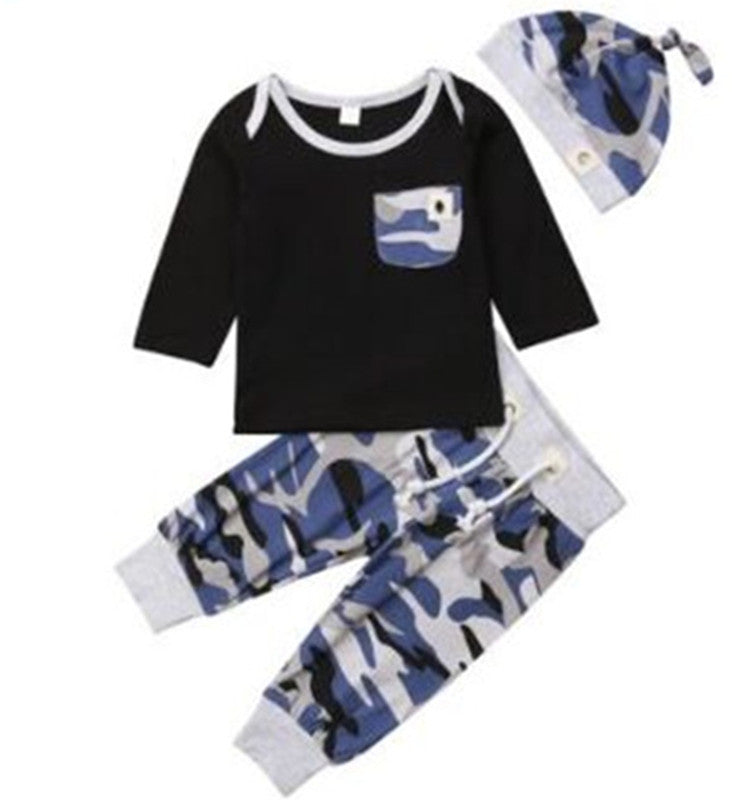 Three-Piece Children's Long-Sleeved Solid Color T-Shirt Camouflage Trousers Hat